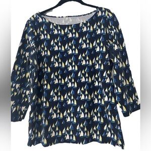 Talbot’s Sailboat Blouse Bateau-Neck Top 3/4 Sleeve Cotton Navy Size L